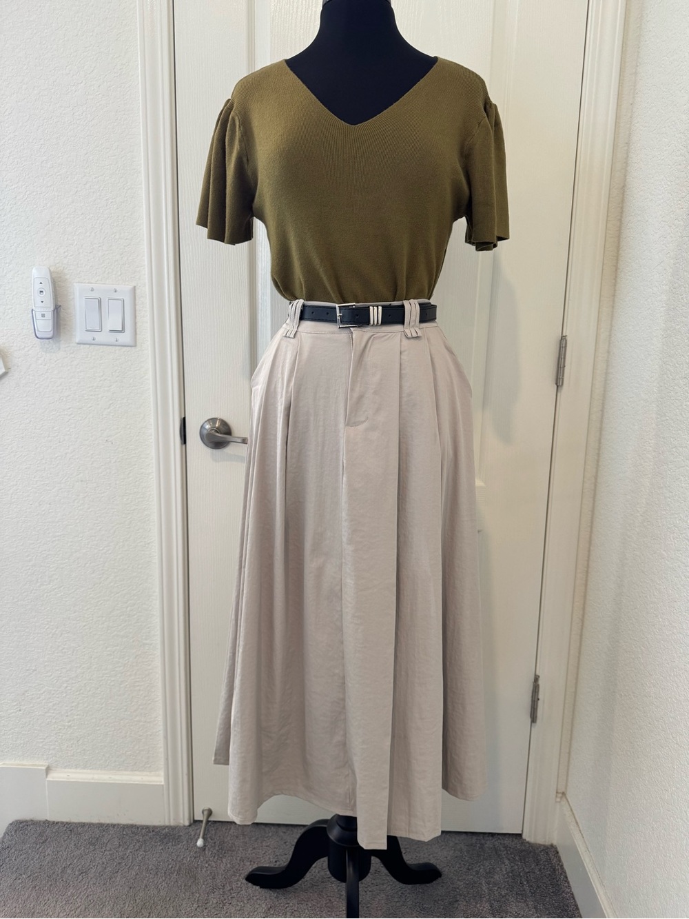 Two Piece Cream Midi Skirt with belt and Green Knitted Top